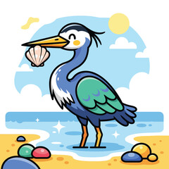 Cute Cartoon Blue Heron Holding Pink Seashell in Beak. Happy Water Bird Standing on Sandy Beach with Ocean Waves and Colorful Stones for Kids Summer Design Vector Illustration.