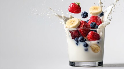 A refreshing splash of strawberries, blueberries, and bananas in a glass of milk.