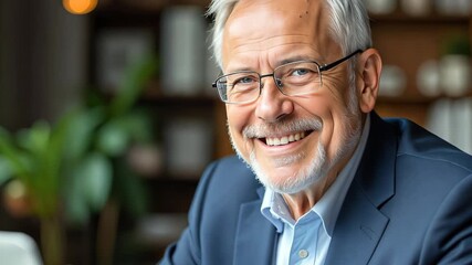 Smiling senior man in blue suit working on laptop in modern office with natural light and plants. Businessman with gray hair and glasses, smiling while using computer in stylish workspace - Powered by Adobe