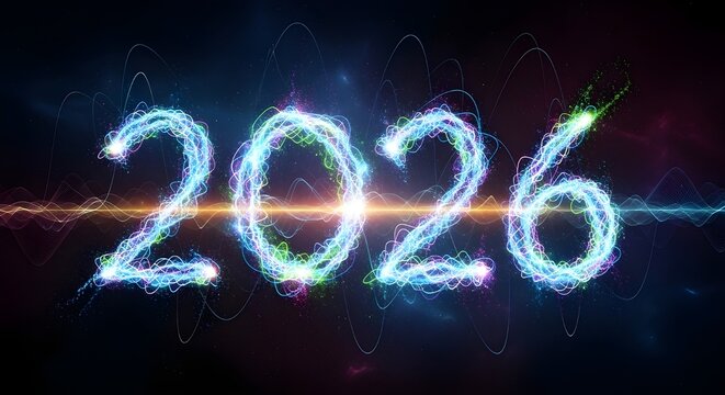 Bright neon glow fractal design illustration of the Happy New Year 2026 party celebration sign text on a black background