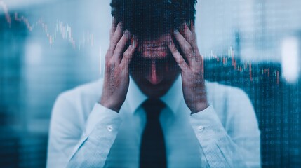 A stressed businessman holds his head, surrounded by digital financial data, reflecting pressure and anxiety in a corporate environment.