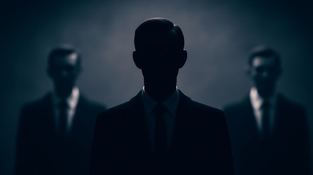 Silhouetted figures stand in darkness, exuding an air of mystery and intrigue, suggesting themes of secrecy or authority.