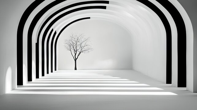 A stark, minimalist architectural space featuring a series of black and white arches leading down a corridor, with a single bare tree standing in the distance.