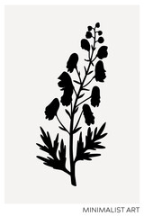 Aconite silhouette illustration. Minimalist art botanical poster template. Trinket design element. NOT AI generated