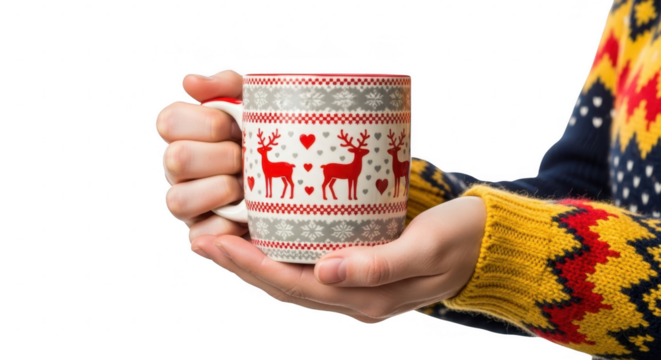 Christmas mug with reindeer and snowflakes pattern, isolated on transparent background