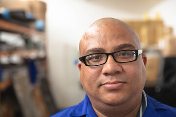 Man wearing blue collared shirt and black rectangular eyeglasses inspecting inventory in storeroom