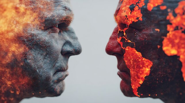 Two faces with fiery textures represent a clash of humanity and nature, highlighting environmental issues and the impact of climate change.
