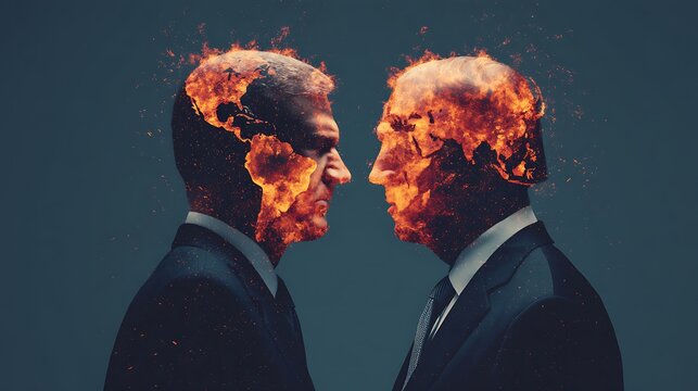 Two men in suits face each other, their heads engulfed in flames, symbolizing intense conflict or rivalry.