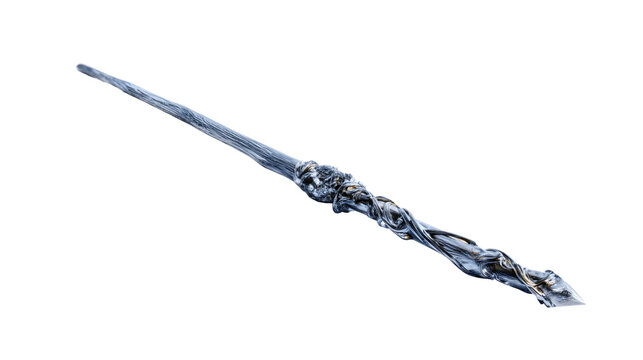 A twisted metal magic wand isolated on a white background, a dark sorcerer staff for casting spells, an ancient silver fantasy stick, a mystical wizard prop, a rough textured accessory.