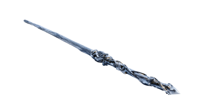 A twisted metal magic wand isolated on a white background, a dark sorcerer staff for casting spells, an ancient silver fantasy stick, a mystical wizard prop, a rough textured accessory.