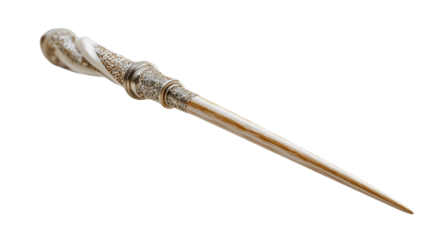 An ornate white magic wand isolated on a plain background, a royal wizard staff with gold details, a fantasy fairy accessory, a mystical casting stick, a precious sorcerer prop object.