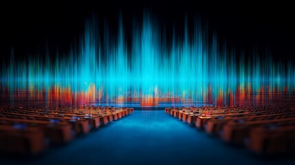 A vibrant visual representation of sound waves in a concert hall, showcasing dynamic colors of blue and orange against a dark background.