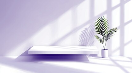A clean, white display shelf is positioned against a light purple wall, with a potted green plant to its right, and dramatic shadows from a window falling acros