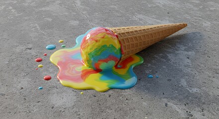 Colorful Melting Ice Cream Cone with Rainbow Drip on Gray Surface