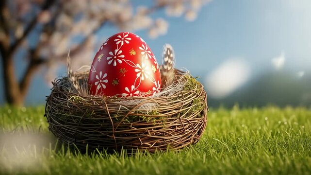 A decorated Easter egg with floral patterns sitting in a nest on a grassy field during daytime