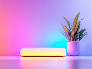 A minimalist scene featuring a glowing yellow platform and a potted plant, set against a vibrant gradient background of pink and blue.
