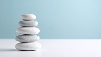 Balanced Zen Stones Stacked on White Surface with Soft Blue Background