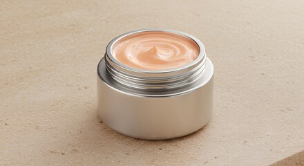 Cream Jar with Peach-colored Moisturizer on Light Beige Surface