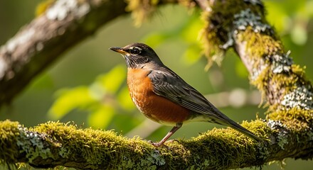 American robin perched on a mossy branch in a natural outdoor environment view