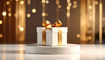 Elegant White Gift Box with Gold Ribbon and Bokeh Lights