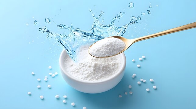 A golden spoon adds fine white powder to a bowl triggering a vigorous splash of water with scattered granules on a soft blue surface