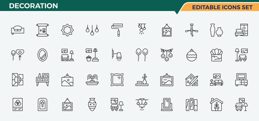 Set of Decoration line icon. It contains symbols to house interior, decor, house, architecture and more. Decor icon collection. UI icons set in a thin style. Pixel perfect. Editable vector.
