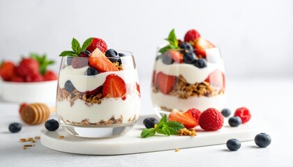 Fresh Berry Yogurt Parfait with Granola and Mint - Healthy Breakfast