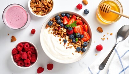 Fresh Fruit Yogurt Bowl with Granola, Berries & Honey