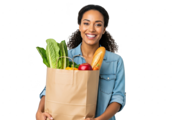 Woman holding a grocery bag full of fresh produce, isolated on transparent background