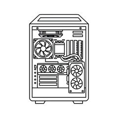Line art illustration of an open computer tower showing internal components like fans, motherboard, and graphics card