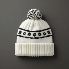 A knitted winter beanie hat with classic and cozy style, predominantly white with a black pattern