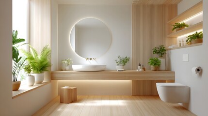 Serene modern bathroom interior featuring a floating wooden vanity vessel sink illuminated round mirror wall mounted toilet and lush potted plants for a refreshing spa like atmosphere