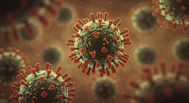 Microscopic View of Virus Particles with Spike Proteins in Vivid Colors for Medical and Scientific Use