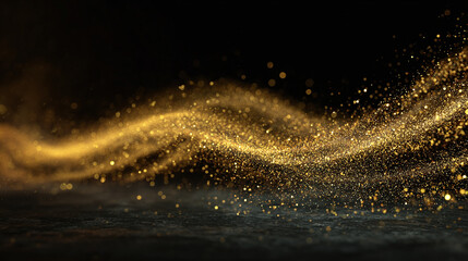 Golden wave of particles flowing elegantly across a dark background, creating a mesmerizing visual. The golden particles appear to dance and sparkle