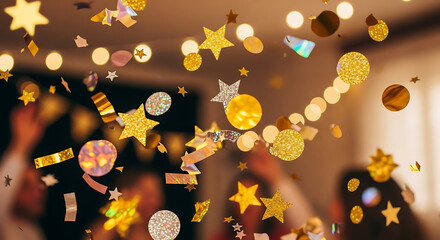 Festive Celebration Sparkling Confetti and Golden Decorations in a Joyful Atmosphere
