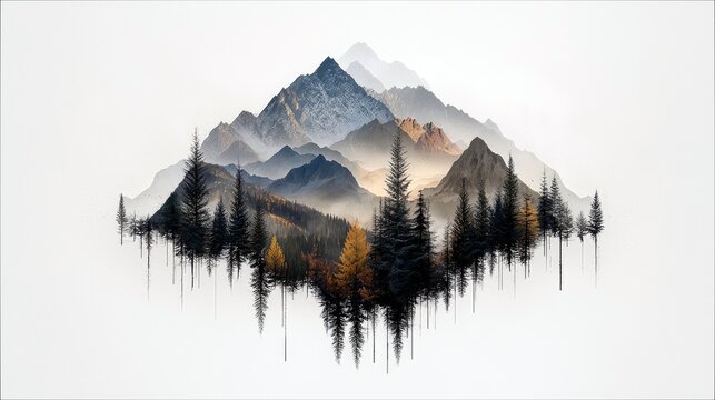 A surreal double exposure image blends misty, layered mountains with a dark, dense pine forest, creating a dreamlike landscape. - Powered by Adobe