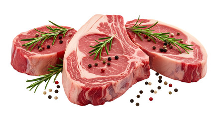 Raw beef steaks with rosemary sprigs and peppercorns isolated on a transparent background meat beef cuts