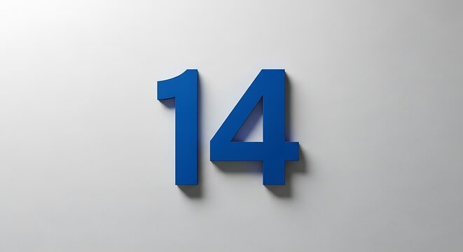 Number Fourteen Blue Numeric Sign on White Wall Modern Minimalist Design