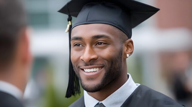 Close up portrait of a smiling Black graduate in cap and gown radiating pride and happiness on commencement day  Captures academic achievement and future aspi ns outdoors