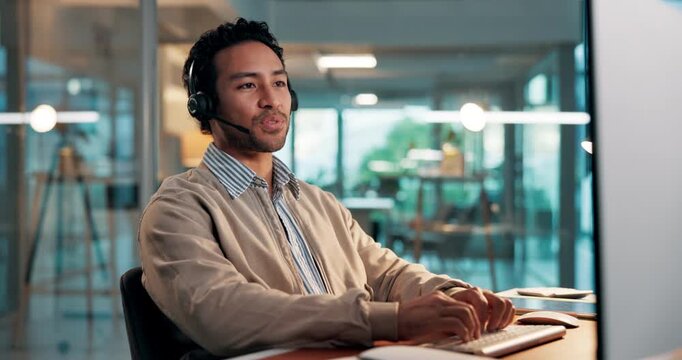 Agent, headset and man with computer, office and discussion for sales offer, online or telemarketing. Call center, telemarketer and person with tech for lead generation, services and consultation
