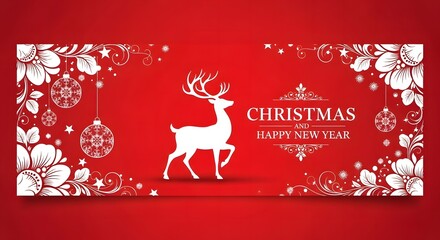 Vintage Christmas card design featuring a deer or reindeer silhouette with snow, snowflakes, and holiday decoration elements for the winter season