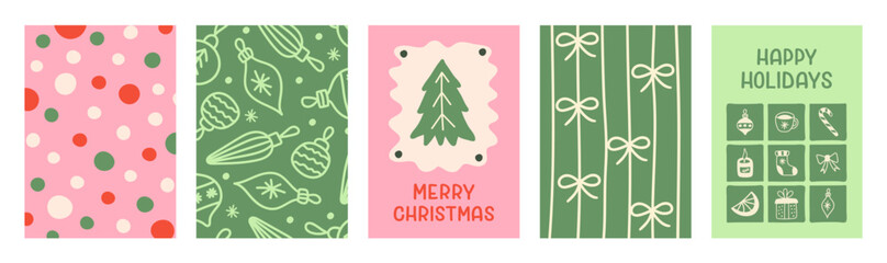 Christmas set of colorful festive backgrounds. Season collection simple vertical cards, banners, prints or posters. Beige, red, green and pink colors. Vector illustration