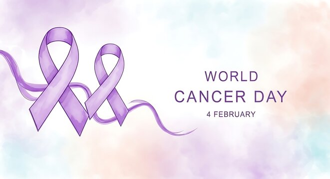 Watercolor style graphic featuring two purple cancer awareness ribbons and text for world cancer day on 4 february isolated on white background