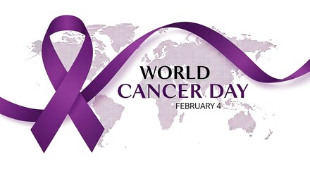 World cancer day february 4th banner design with a large purple awareness ribbon flowing across a faint world map background with clear white text