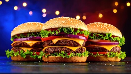 Gourmet Double Cheeseburgers with Fresh Toppings and Bokeh Lights