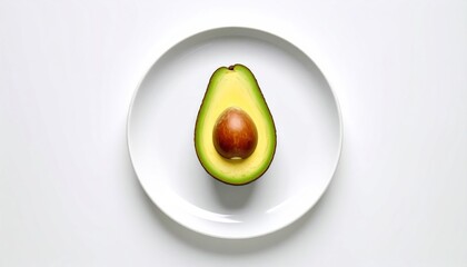 Half Avocado with Seed on White Plate, Minimalist Food Photo