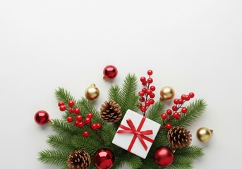 Festive christmas composition with gift, fir branches, berries, and ornaments