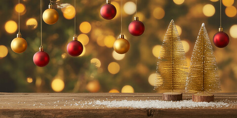 Festive Christmas scene with gold and red ornaments, miniature trees, snow, and warm bokeh lights on a rustic wooden table. Perfect for holiday marketing and greeting cards.