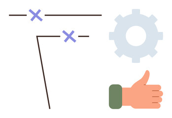 Obraz premium Cross marks on lines with a gear and a thumbs-up symbolizing strategy, problem-solving, teamwork, planning, innovation, feedback, and success. Ideal for guidance, decision-making collaboration