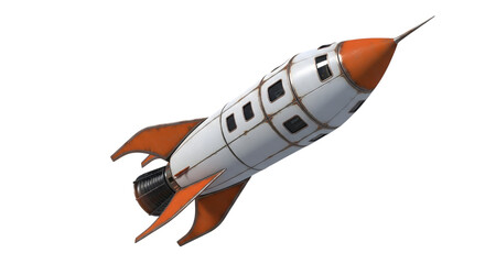Fototapeta premium Retro white and orange rocket ship with metallic details and windows isolated on a transparent background